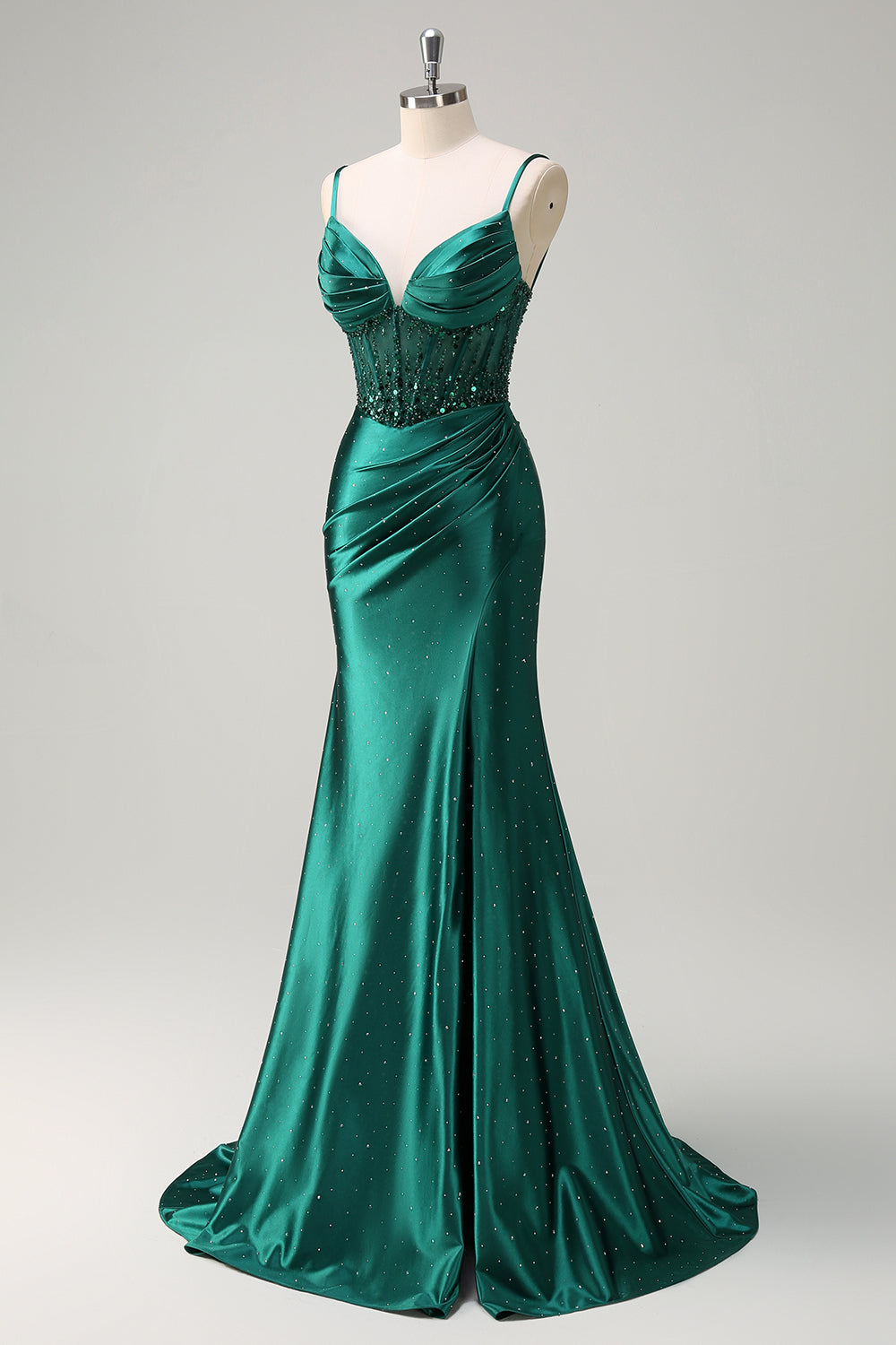 Glitter Dark Green Corset Sequined Mermaid Satin Prom Dress with Slit