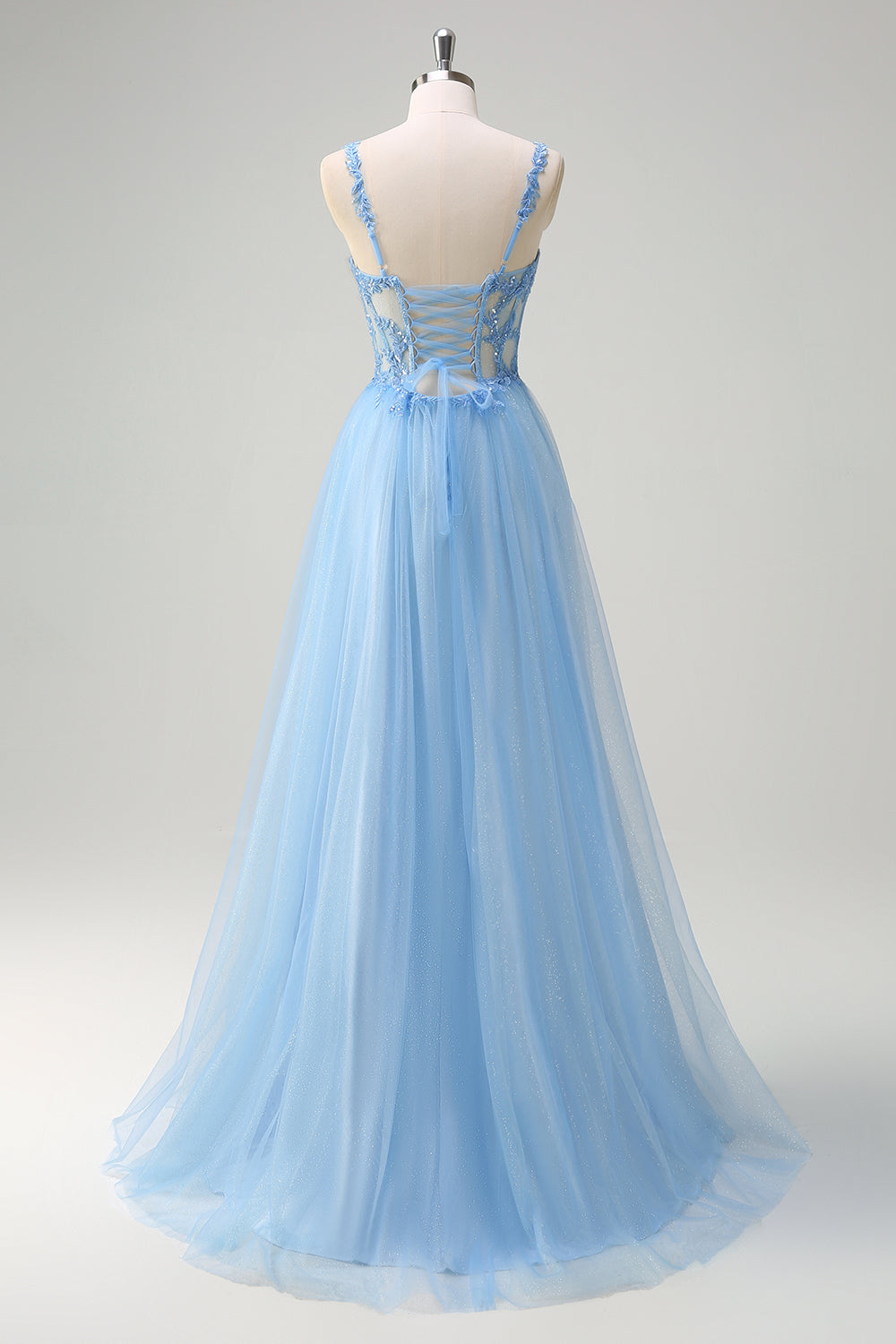 Glitter Blue Applique Corset A-Line Prom Dress with Slit