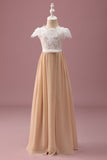 Champagne A Line Lace Junior Maxi Bridesmaid Dress