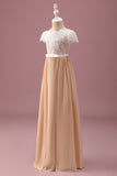 Champagne A Line Lace Junior Maxi Bridesmaid Dress