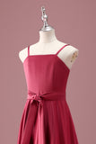 Dark Red A Line Spaghetti Straps Junior Bridesmaid Dress with Sash