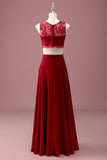 Burgundy Lace Round Neck A Line Long Junior Bridesmaid Dress
