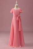 Coral Chiffon A Line Junior Bridesmaid Dress with Bowknot
