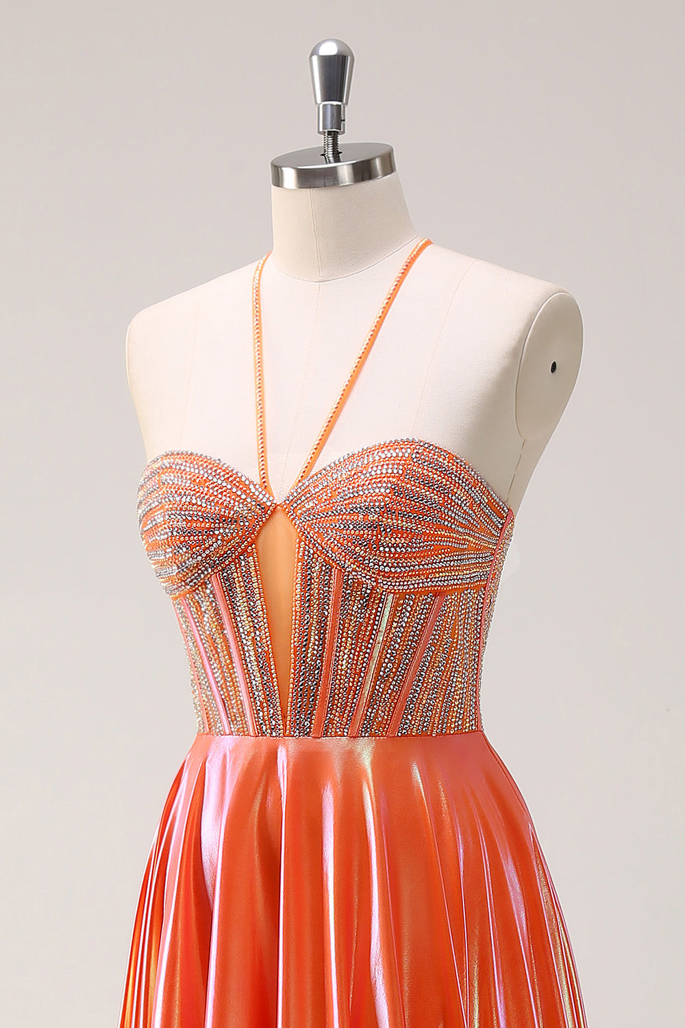 Sparkly Orange A-Line Halter Beaded Metallic Long Prom Dress