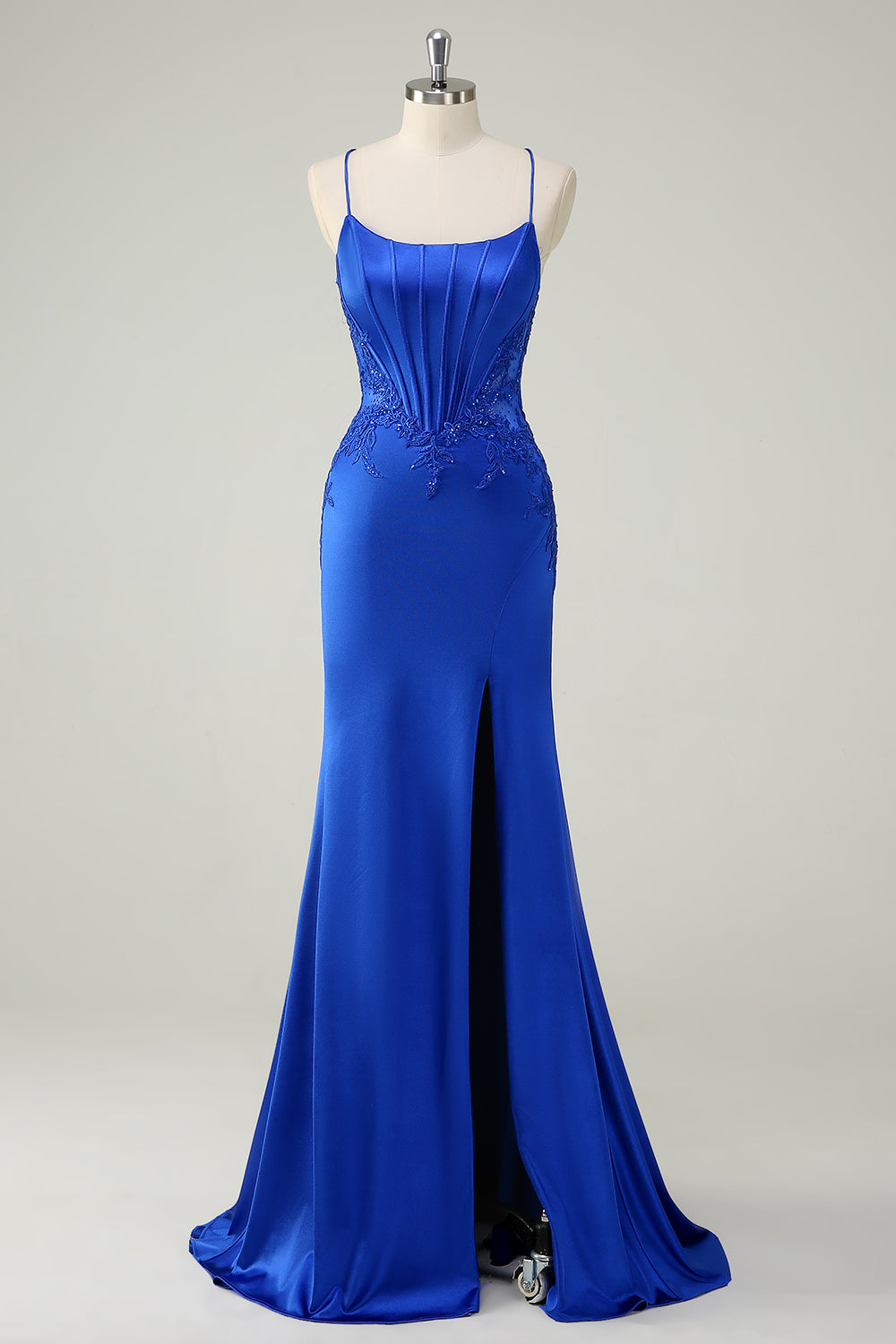 Royal Blue Spaghetti Straps Applique Satin Mermaid Prom Dress with Slit