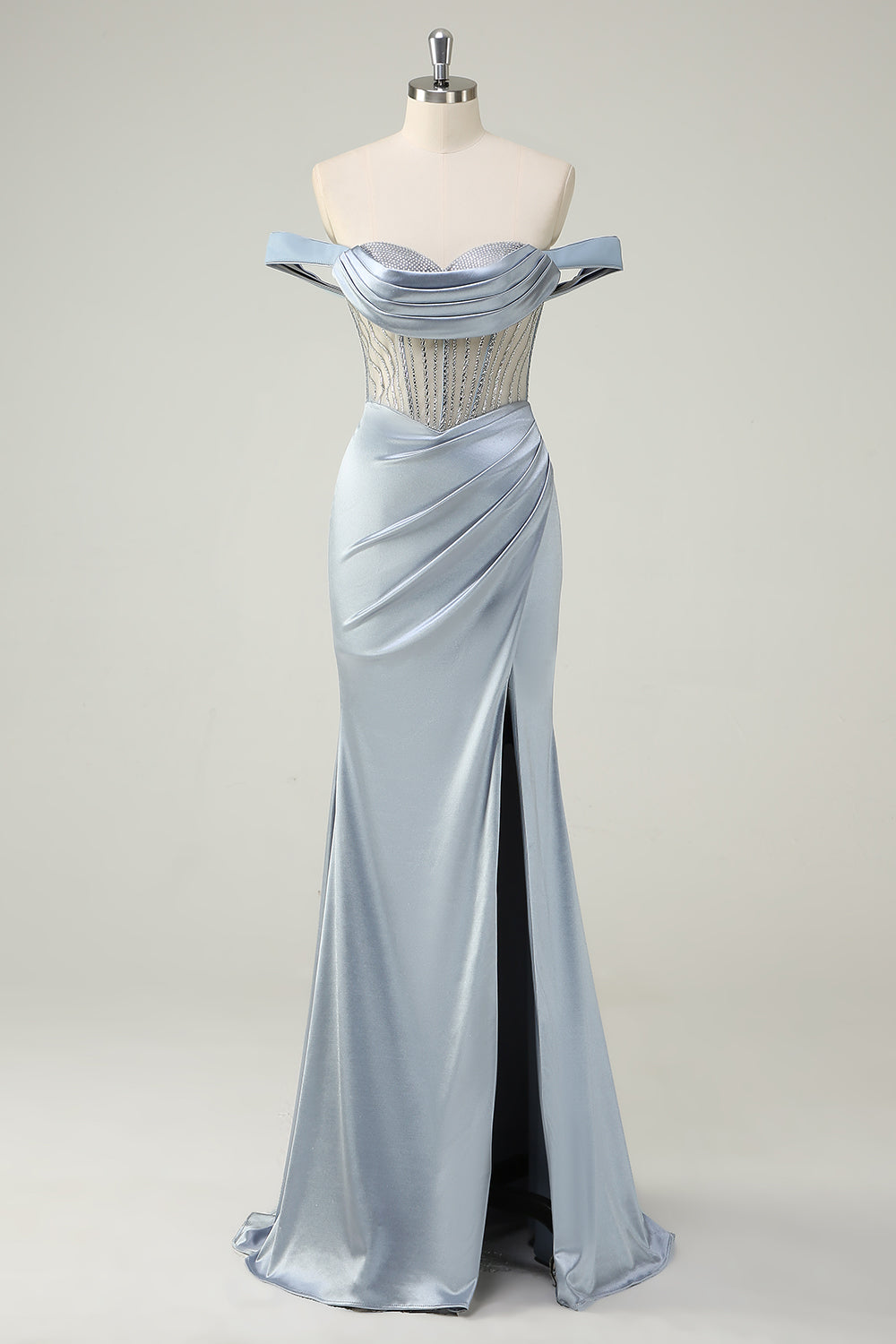 Dusty Blue Corset Off the Shoulder Mermaid Satin Prom Dress with Slit