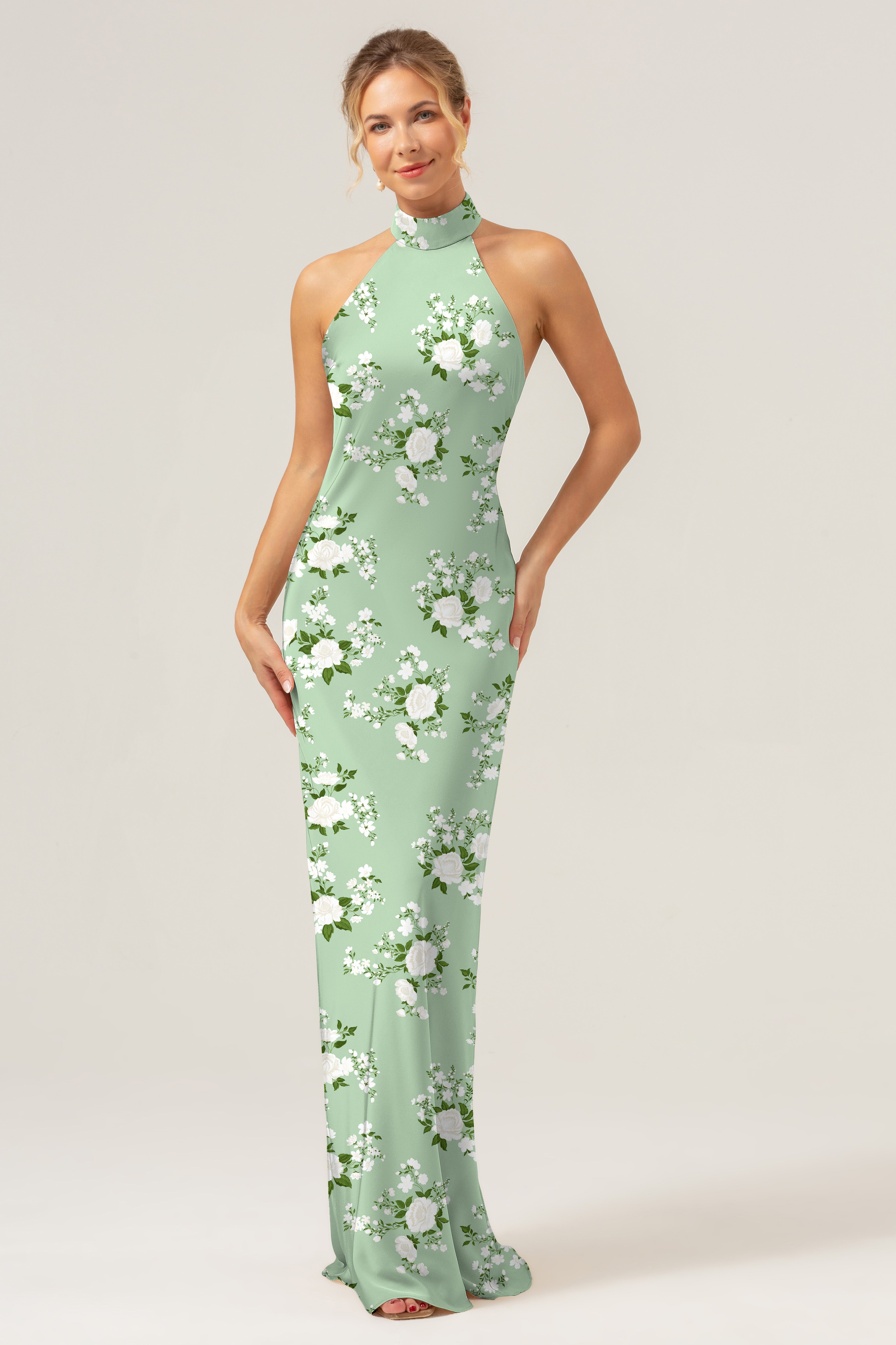 Blue Flower Halter Satin Bodycon Backless Bridesmaid Dress