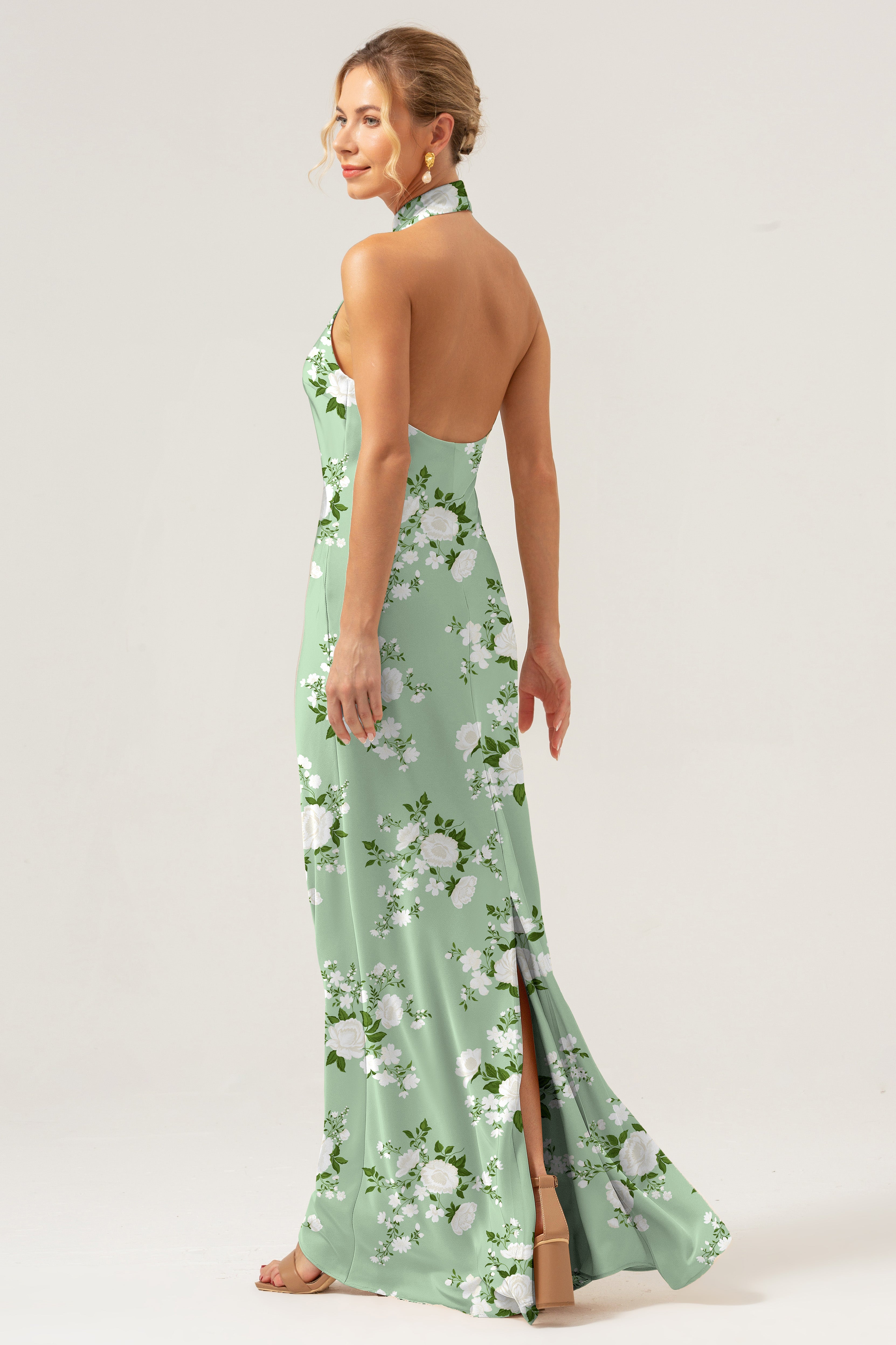 Blue Flower Halter Satin Bodycon Backless Bridesmaid Dress