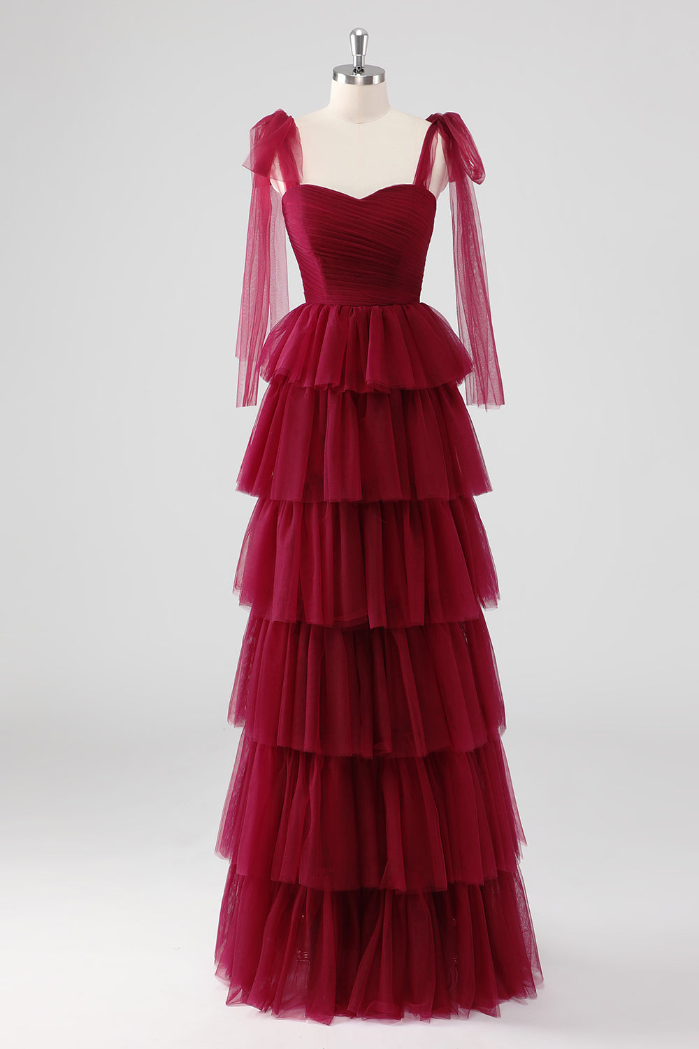 Burgundy Sweetheart A Line Tiered Formal Dress with Bows