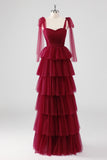 Burgundy Sweetheart A Line Tiered Formal Dress with Bows