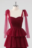 Burgundy Sweetheart A Line Tiered Formal Dress with Bows