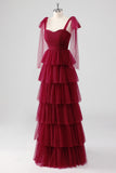 Burgundy Sweetheart A Line Tiered Formal Dress with Bows