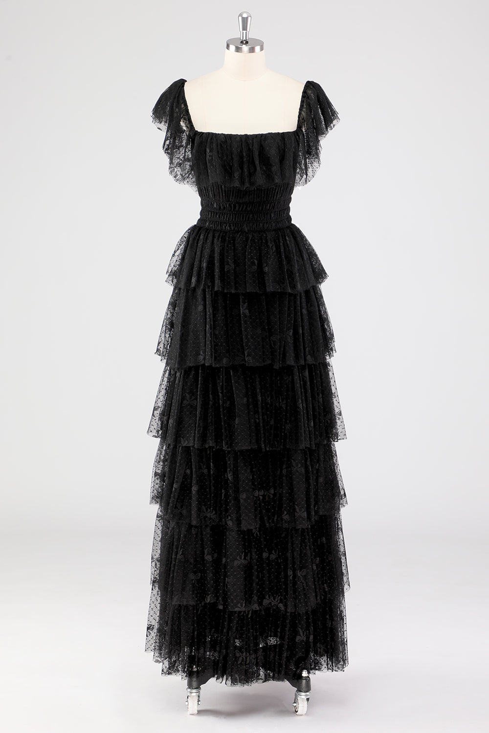 Black Square Neck Lace A Line Tiered Formal Dress