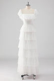 Black Square Neck Lace A Line Tiered Formal Dress