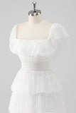 Black Square Neck Lace A Line Tiered Formal Dress