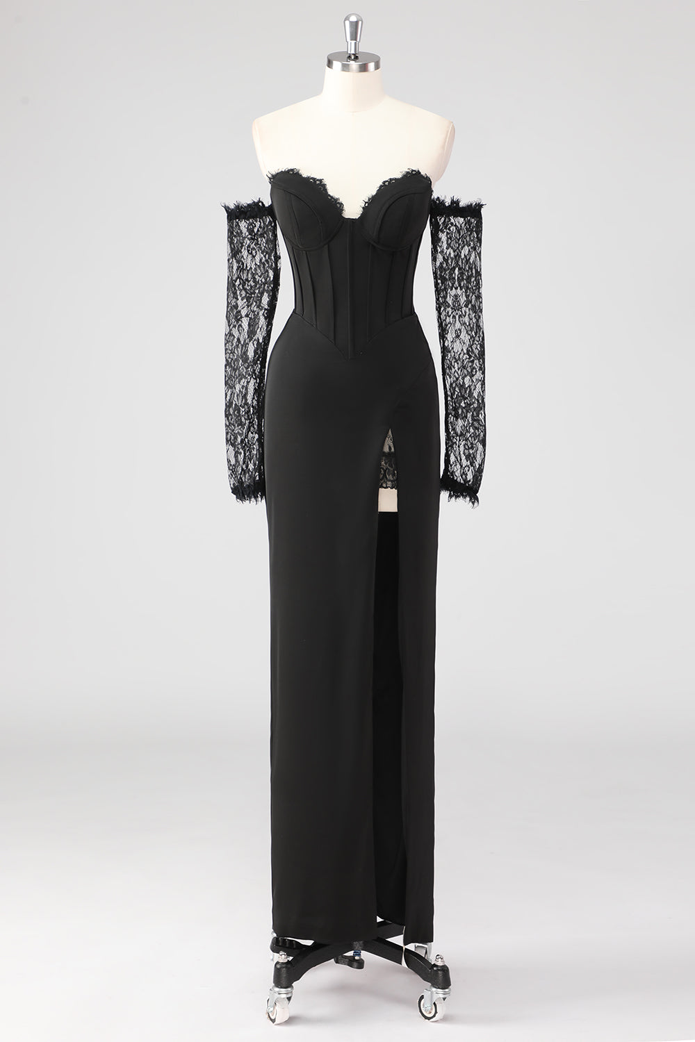 Black Corset Lace Sleeves Sheath Formal Dress with Slit