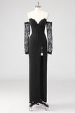 Black Corset Lace Sleeves Sheath Formal Dress with Slit