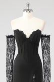 Black Corset Lace Sleeves Sheath Formal Dress with Slit