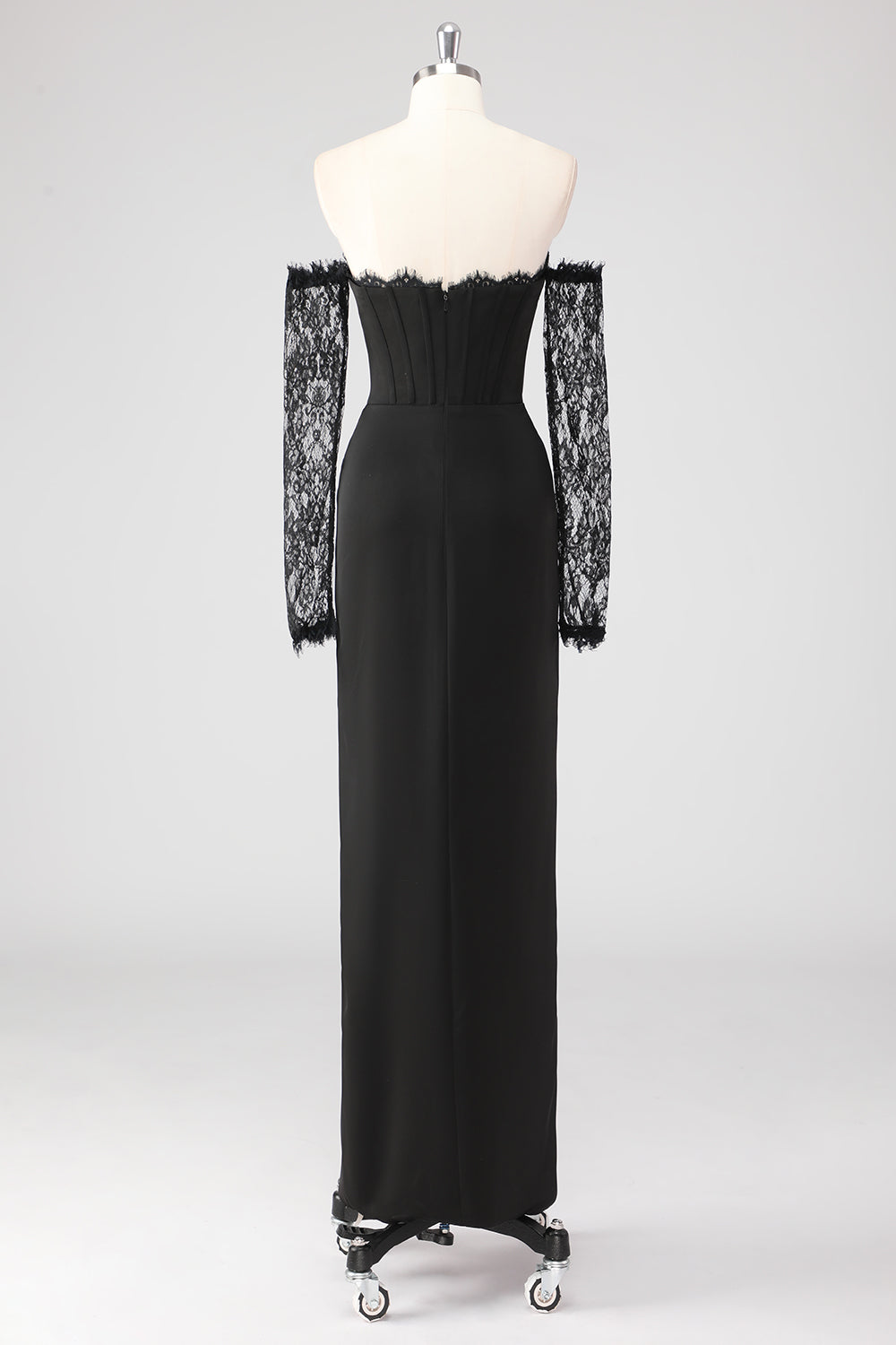 Black Corset Lace Sleeves Sheath Formal Dress with Slit