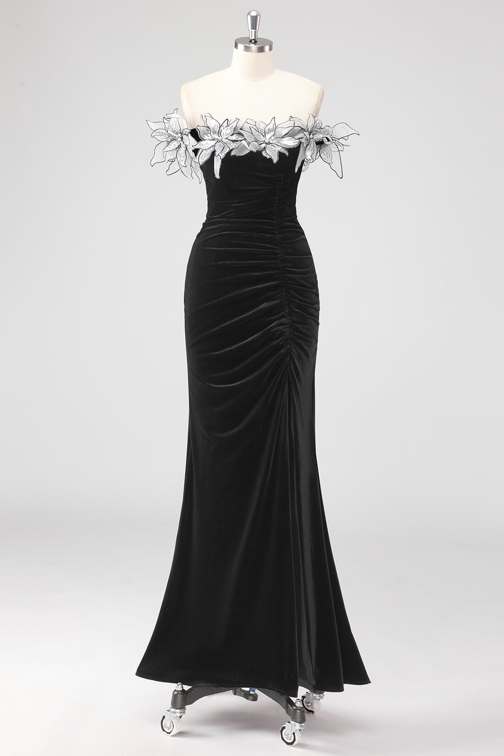 Black Ruched 3D Flowers Mermaid Formal Dress with Slit