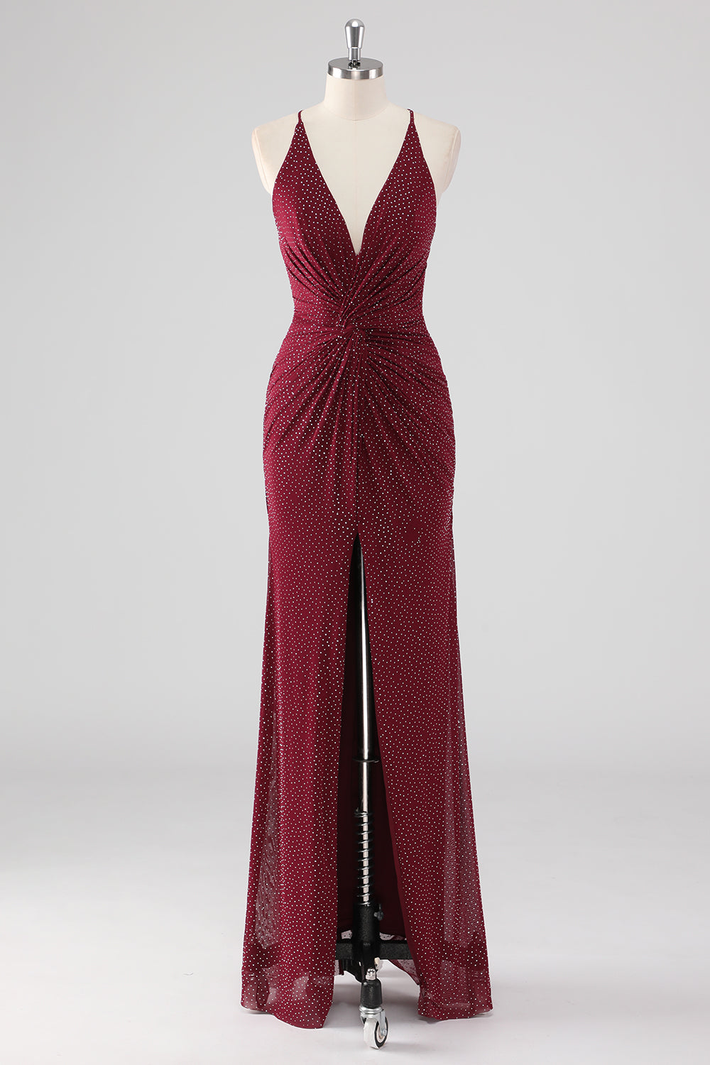 Sparkly Burgundy Twist Front Sheath Formal Dress with Slit