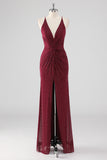 Sparkly Burgundy Twist Front Sheath Formal Dress with Slit