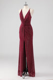 Sparkly Burgundy Twist Front Sheath Formal Dress with Slit