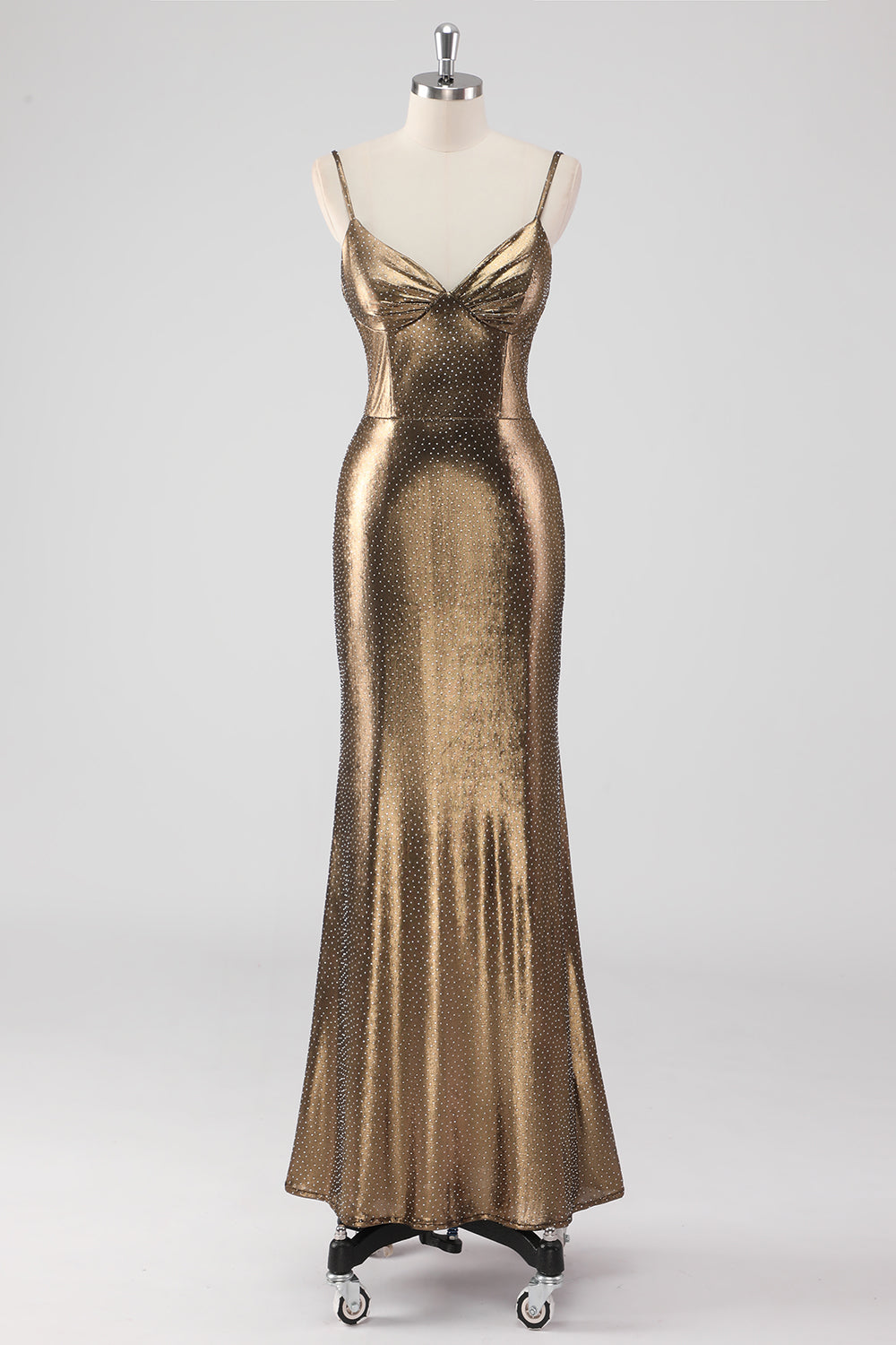 Metallic Golden Spaghetti Straps Mermaid Formal Dress