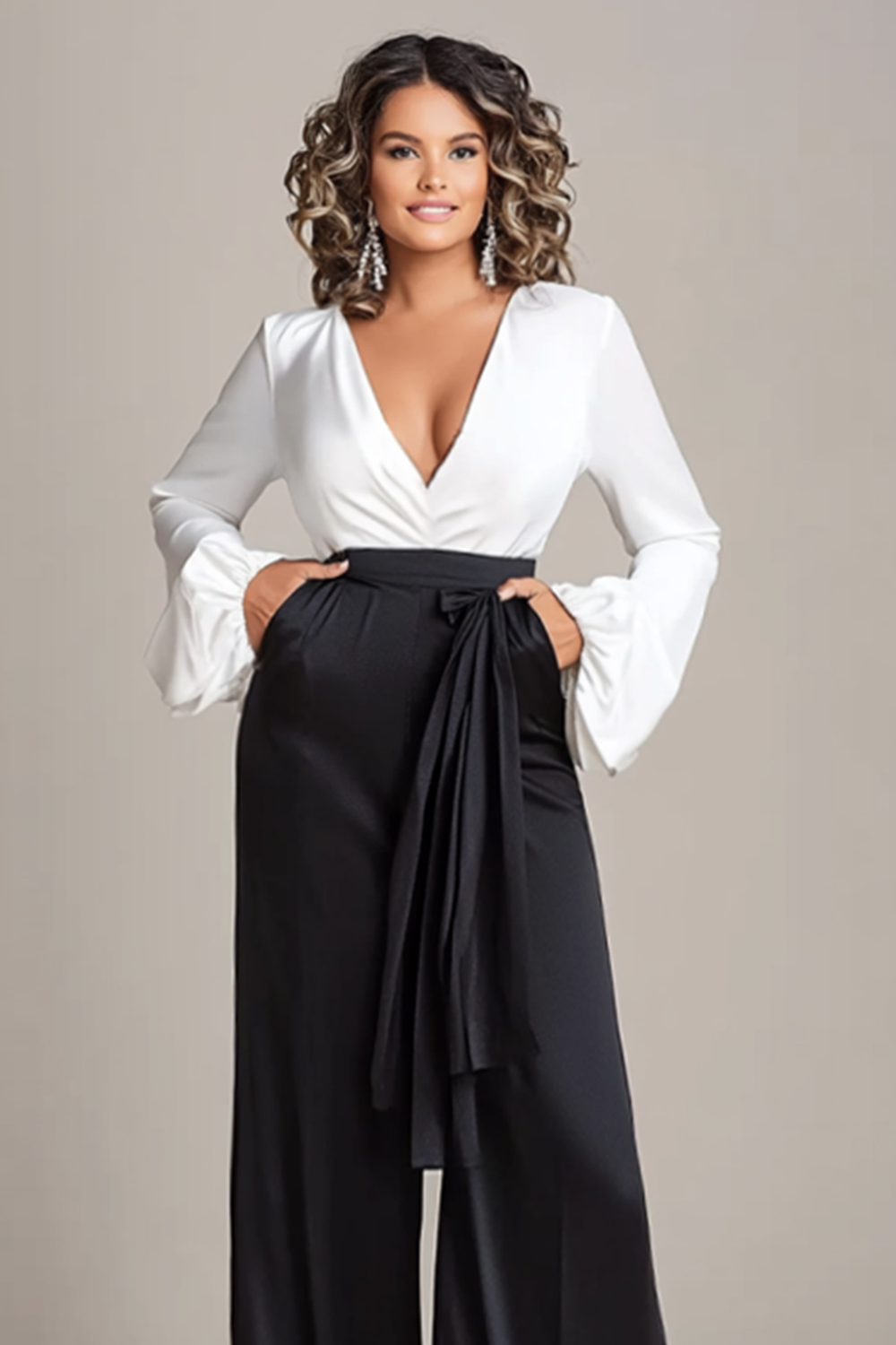 White and Black V-Neck Loose Formal Jumpsuit with Pockets