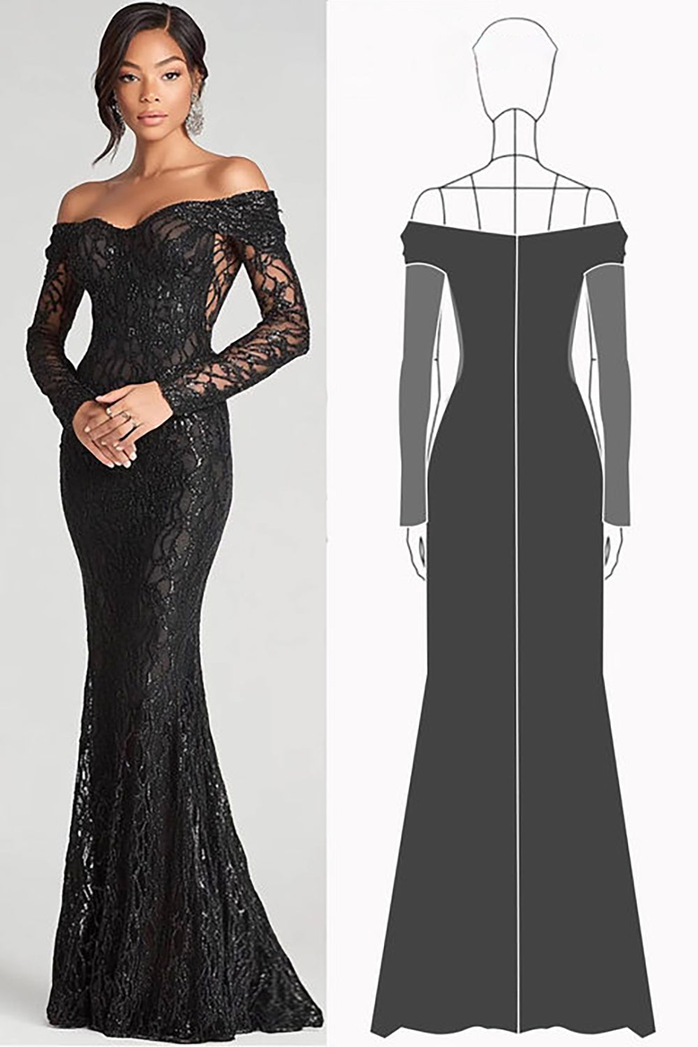Lace Black Mermaid Off the Shoulder Formal Dress with Long Sleeves