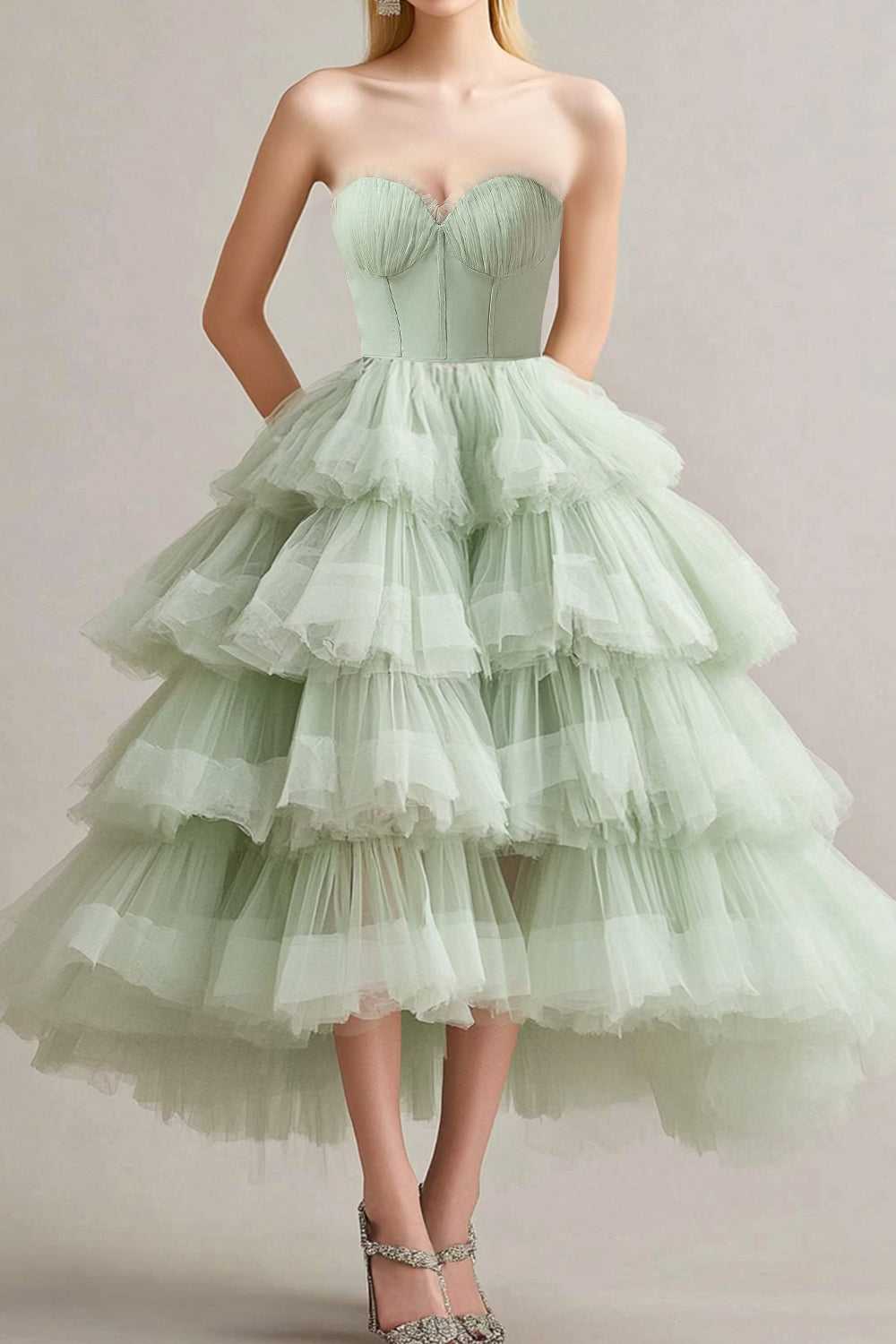 Sage Ball Gown Strapless Tiered Tulle Formal Dress