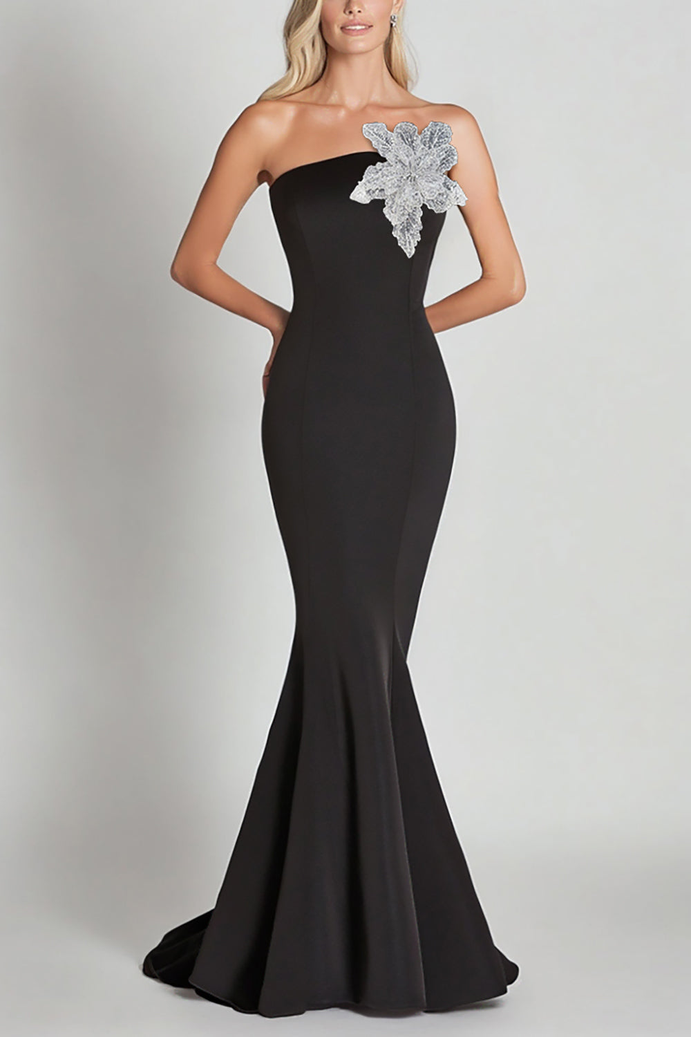 Black Mermaid Formal Dress with a Sequin Flower