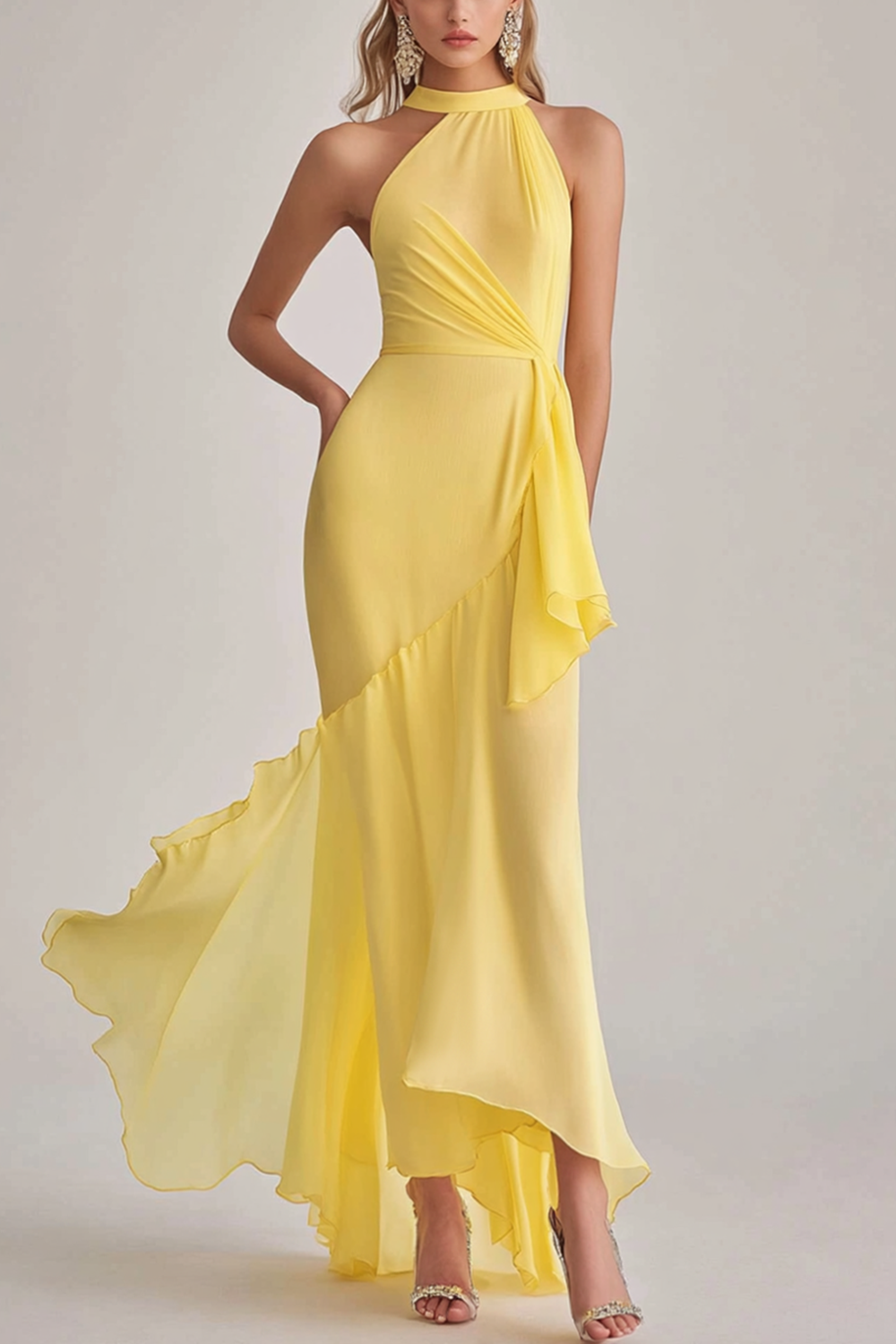 Daffodil Halter Ruffled Sheath Formal Dress
