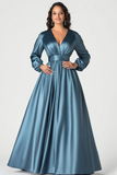 Grey Blue Satin A-Line Mother of the Bride Dress with Long Sleeves