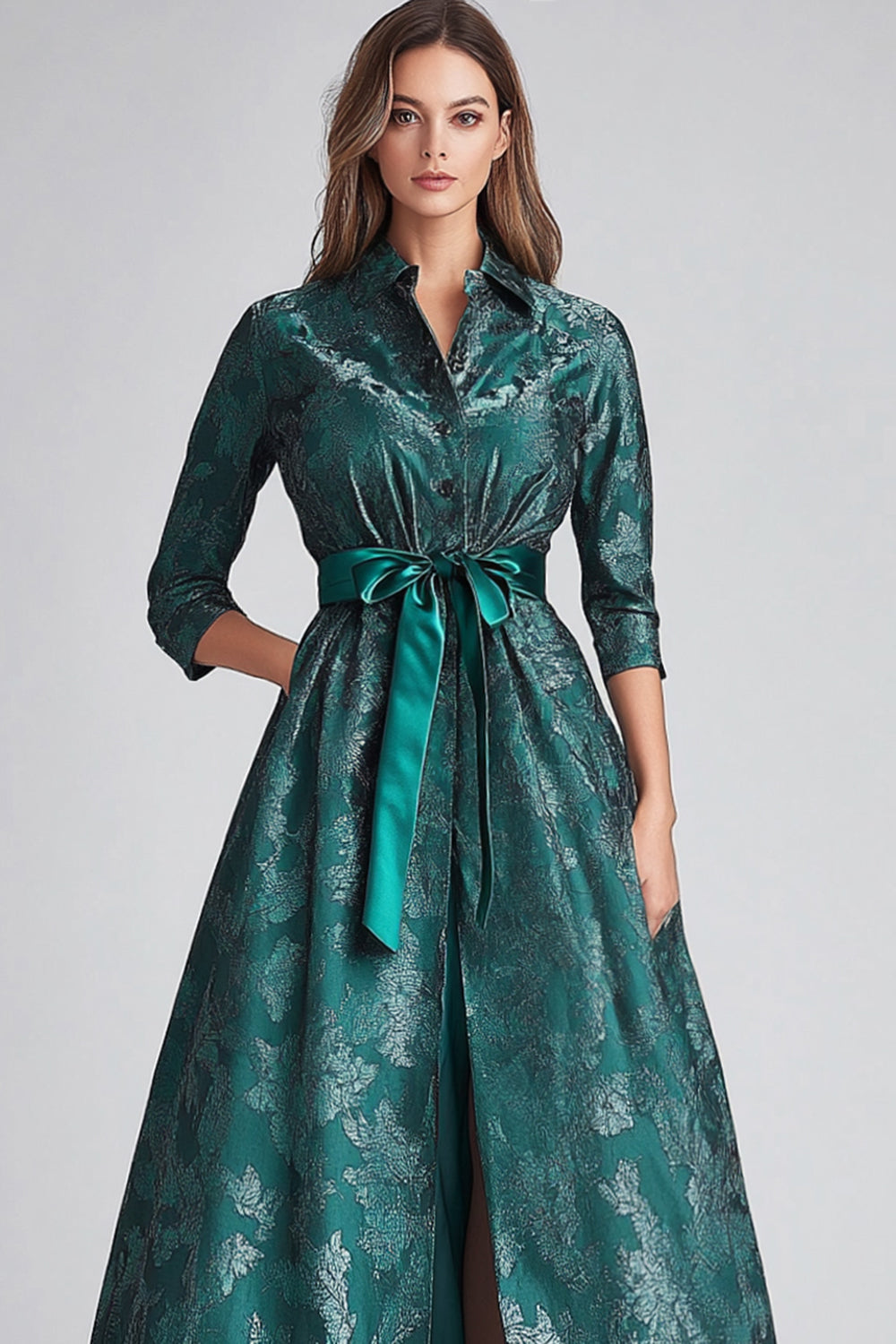 Dark Green Jacquard A-Line Mother of the Bride Dress with Slit
