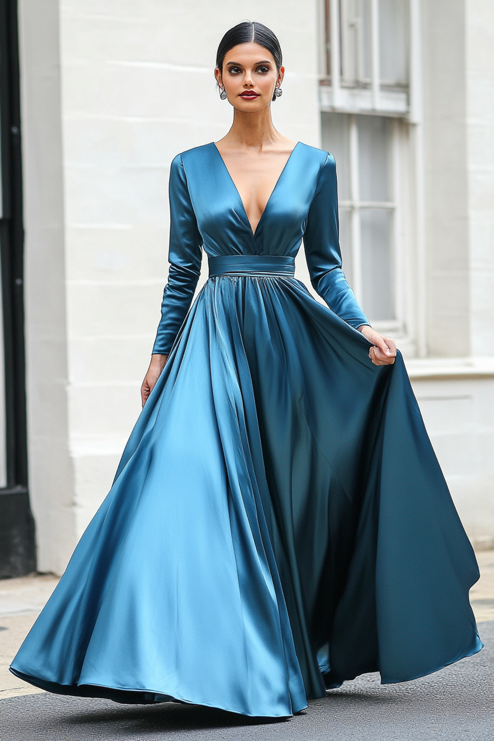 Dark Blue A-Line V-Neck Long Sleeves Formal Dress