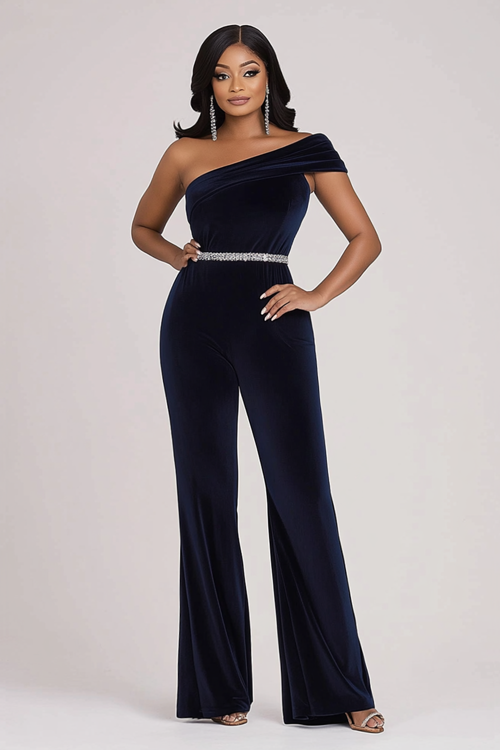 Navy One Shoulder Velvet Formal Jumpsuit with Rhinestone