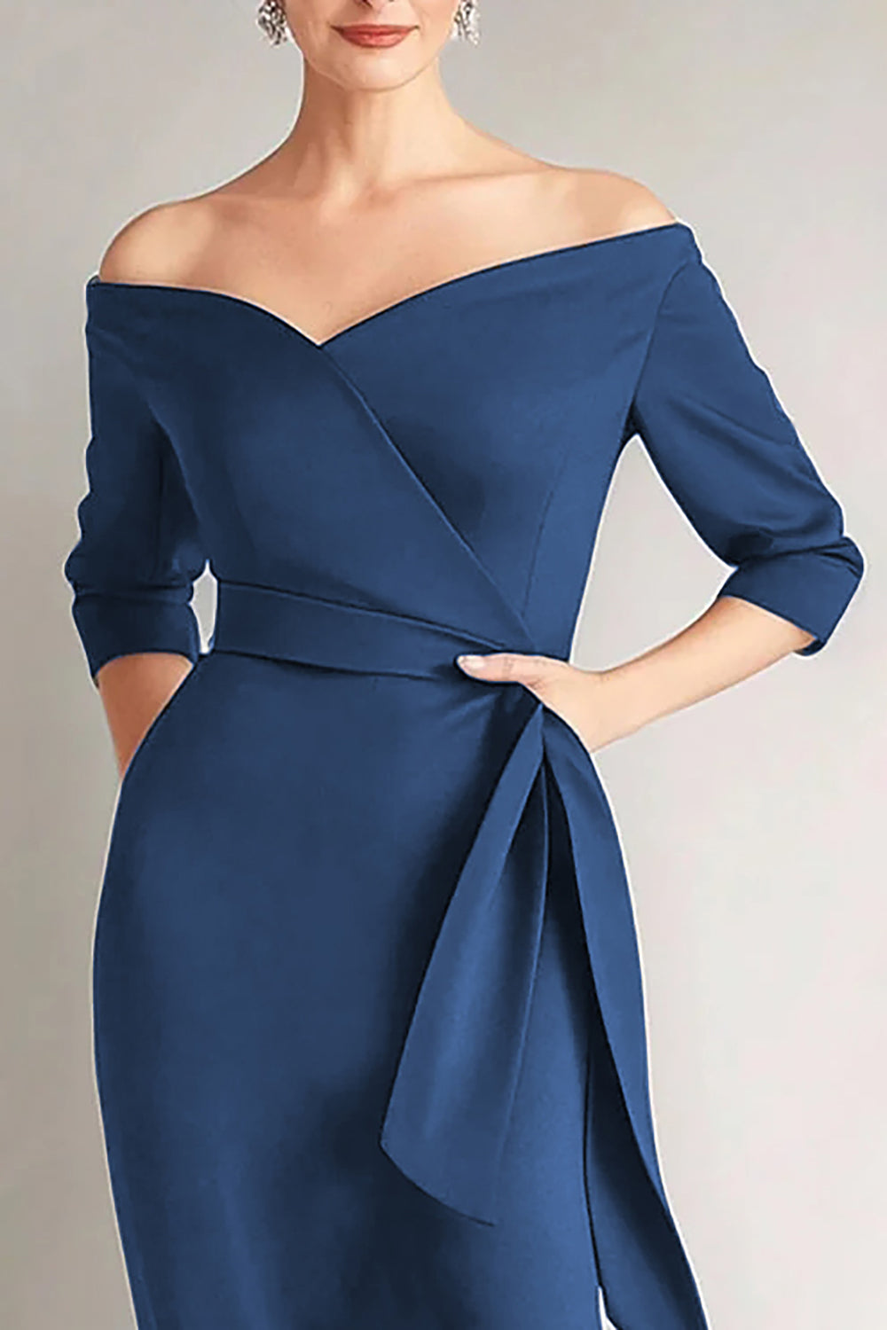 Navy Off the Shoulder Sheath Mother of the Bride Dress with Sash