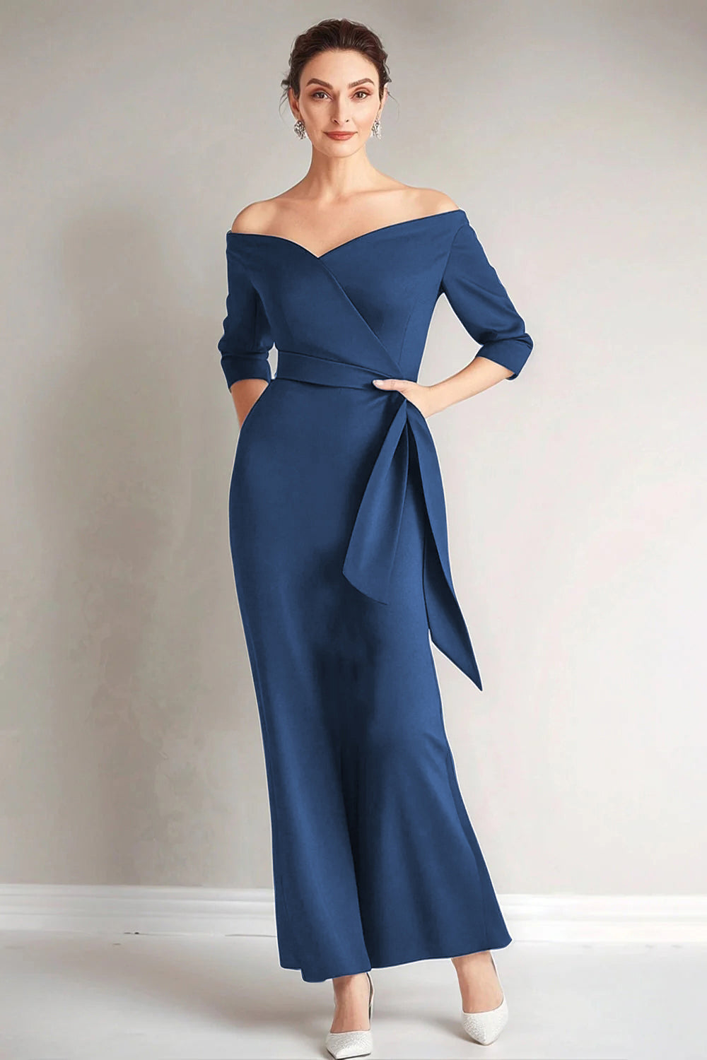 Navy Off the Shoulder Sheath Mother of the Bride Dress with Sash