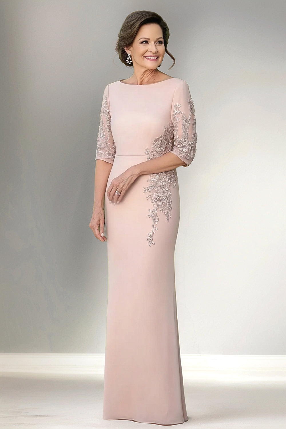 Champagne Jewel Neck Sheath Mother of the Bride Dress with Sequins