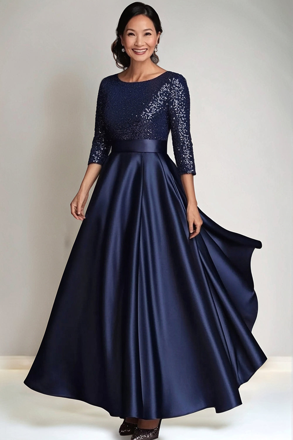 A-Line Navy Satin High Waist Mother of the Bride Dress with Sequins