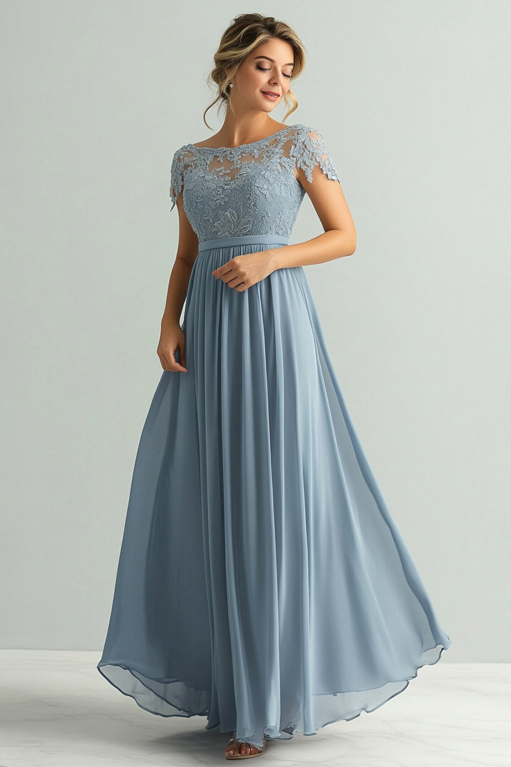Dusty Blue Chiffon A-Line Applique Mother of the Bride Dress