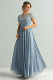 Dusty Blue Chiffon A-Line Applique Mother of the Bride Dress