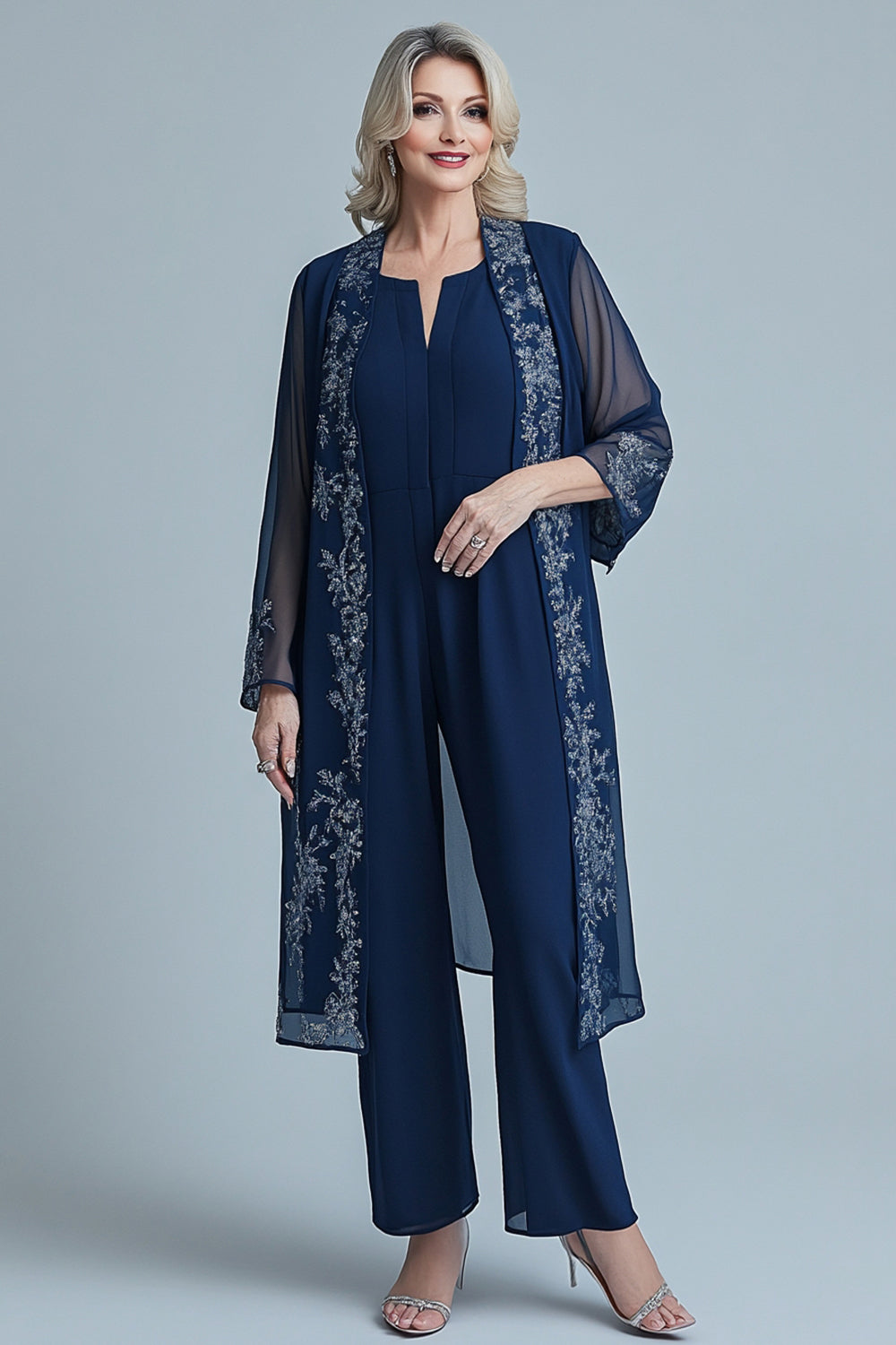 Navy Chiffon Mother of the Bride Jumpsuit with Sequined Maxi Jacket