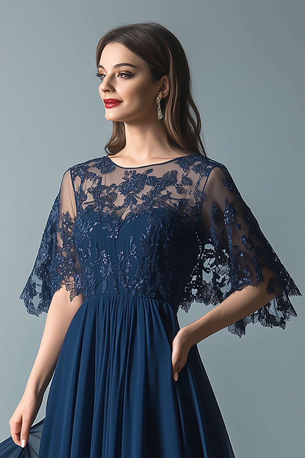 Navy Chiffon Pleated A-Line Mother of the Bride Dress with Sequins