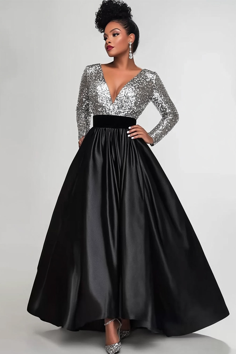Sparkly Black Silver A-Line Satin Mother of the Bride Dress