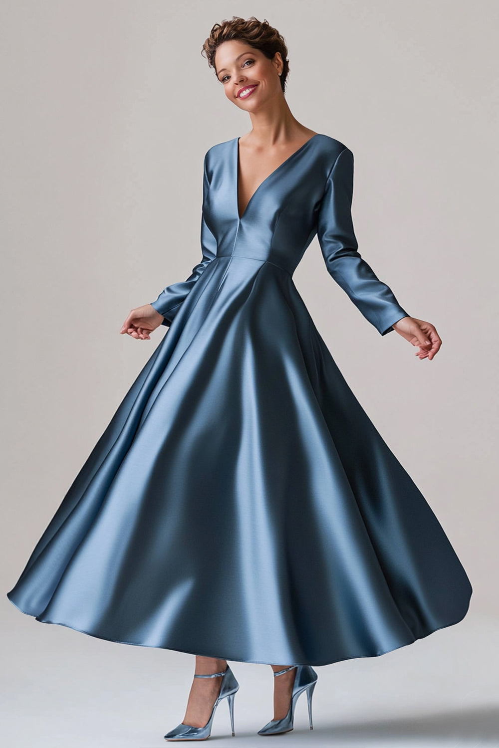 Simple V-Neck Blue A-Line Satin Mother of the Bride Dress