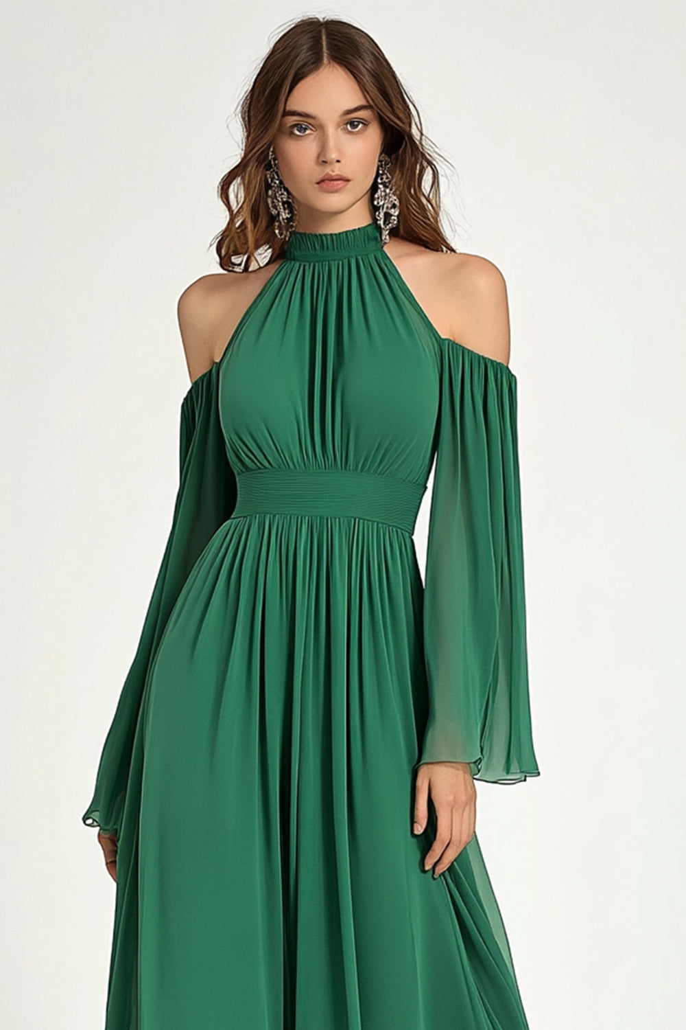 Cold Shouler Green Chiffon Halter A-Line Formal Dress