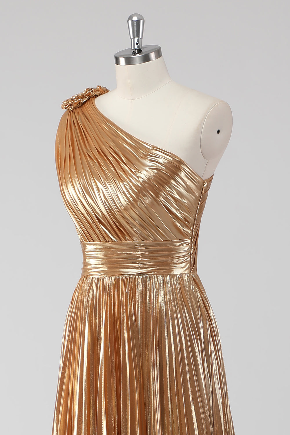 Golden Metallic One Shoulder Pleated Maxi A-Line Formal Dress