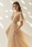 Leely Women Apricot V-Neck Tulle Formal Dress Flare Short Sleeves Empire Waist Flowy Prom Dress